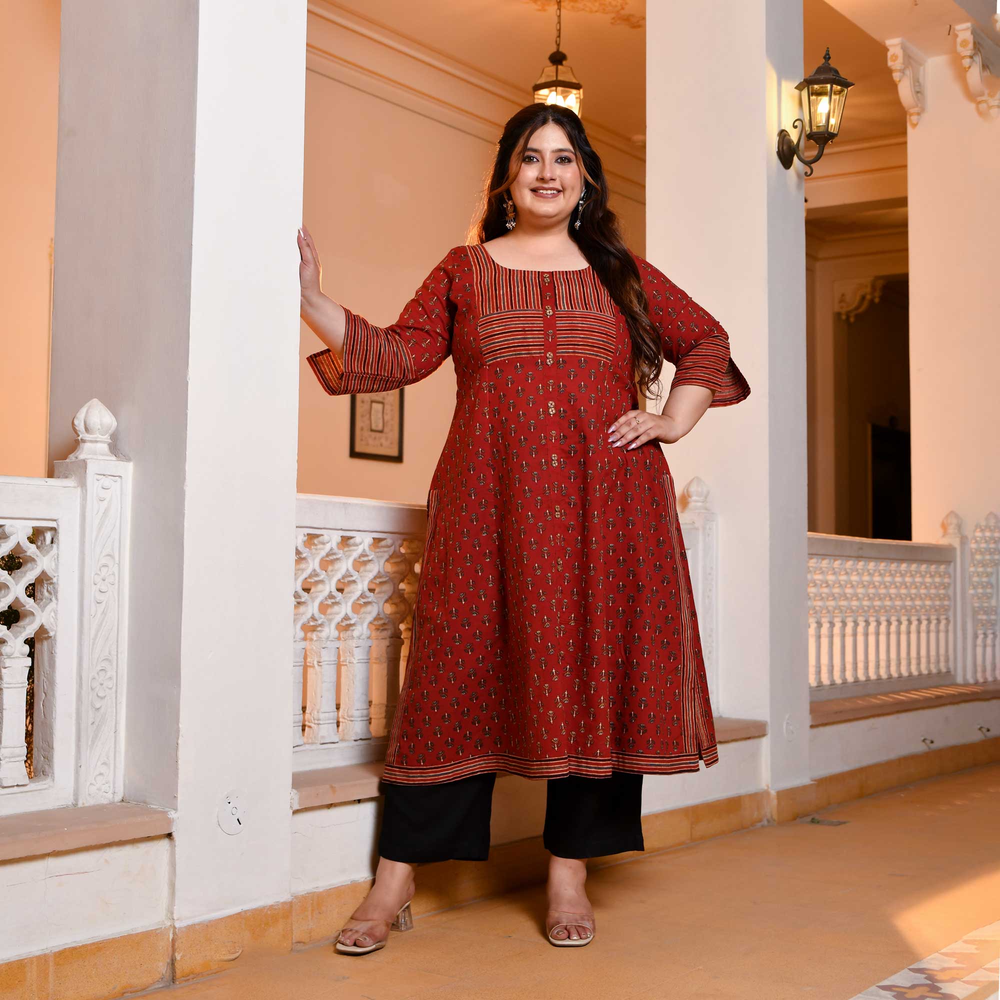 Maati- Earthy Brown Handblock Printed Aline Slit Kurta