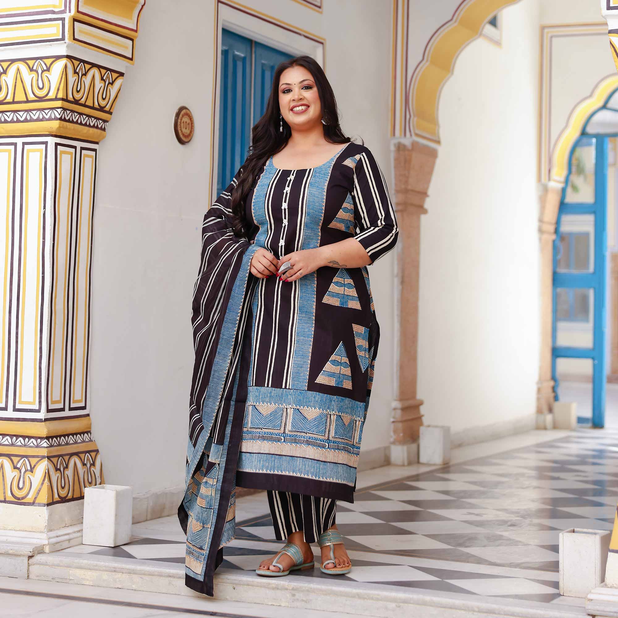 Black Ink & Azure Triangle Ajrakh Cotton Suit Set Black Ink & Azure Triangle Ajrakh Cotton Suit Set