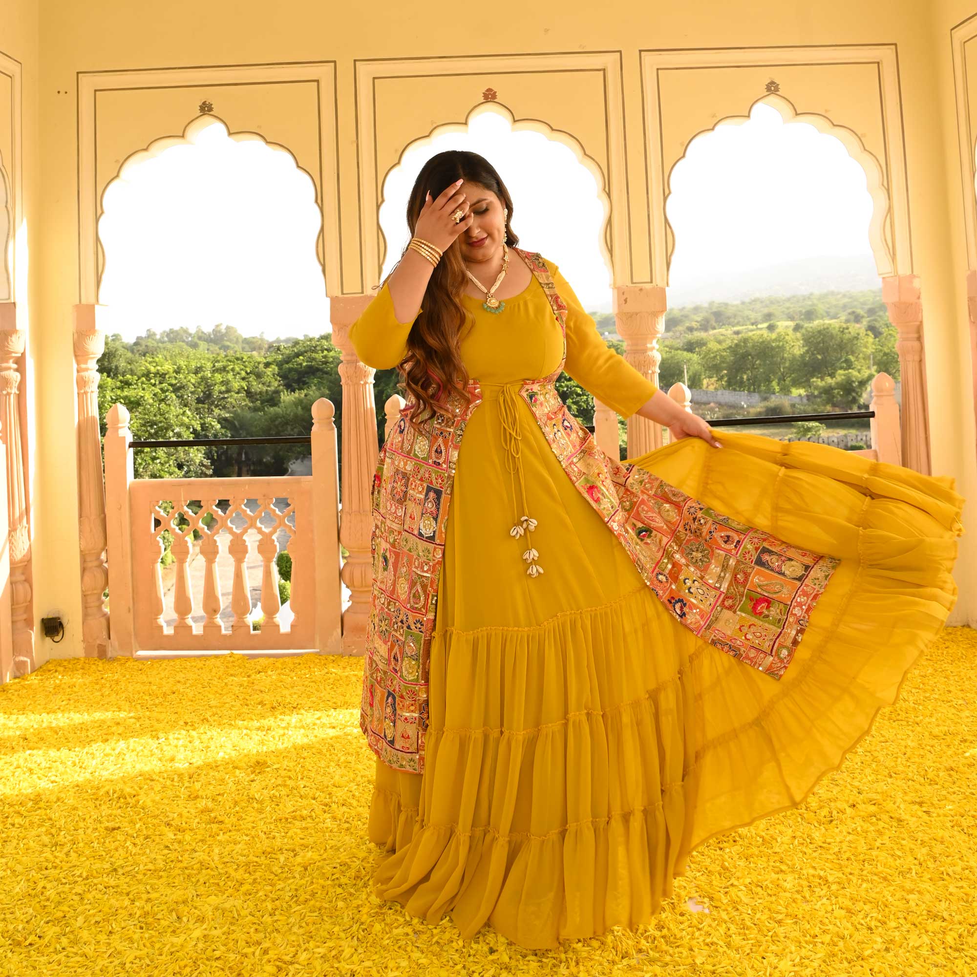 Royal Glow Tiered Dress With Embroidered Cape Royal Glow Tiered Dress With Embroidered Cape