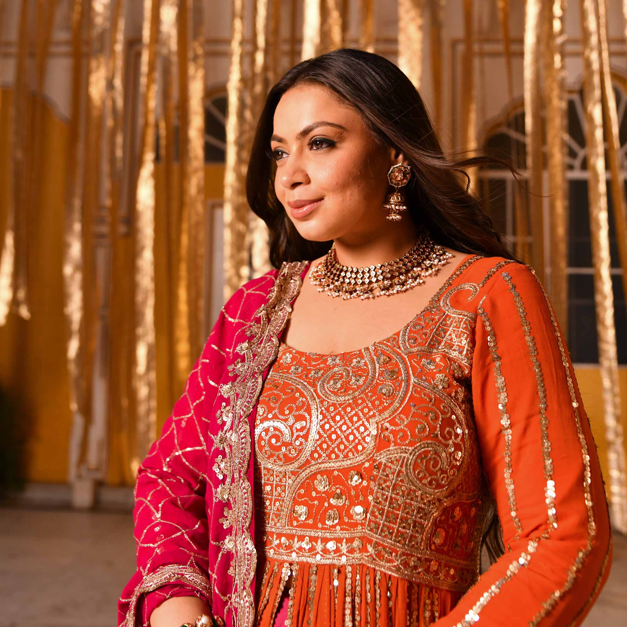 Rosette Royale - Rust Orange & Deep Pink Sequin Embroidered Pure georgette Anarkali Skirt Set Rosette Royale - Rust Orange & Deep Pink Sequin Embroidered Pure georgette Anarkali Skirt Set