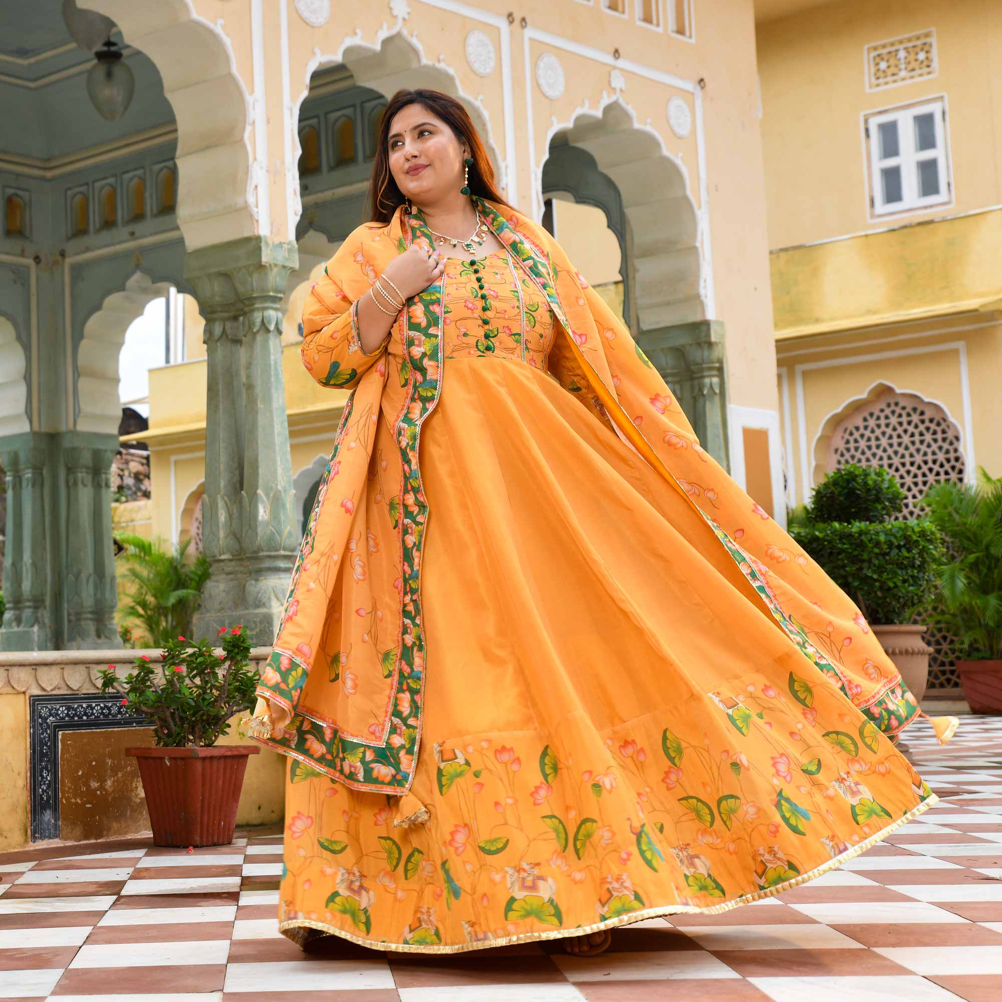 Zafrani-Mustard Yellow Tissue Silk Pichwai Printed Anarkali Set Zafrani-Mustard Yellow Tissue Silk Pichwai Printed Anarkali Set