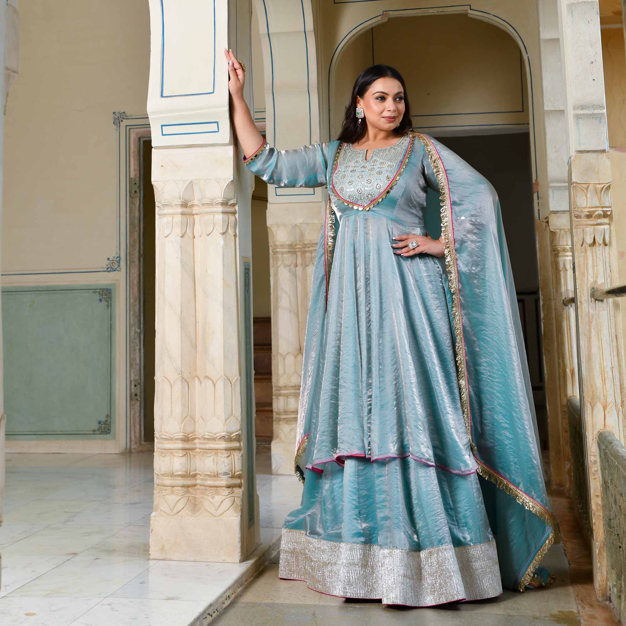 Aasman Ka Moti - Sky Blue Tissue Silk Embroidered Cape Set