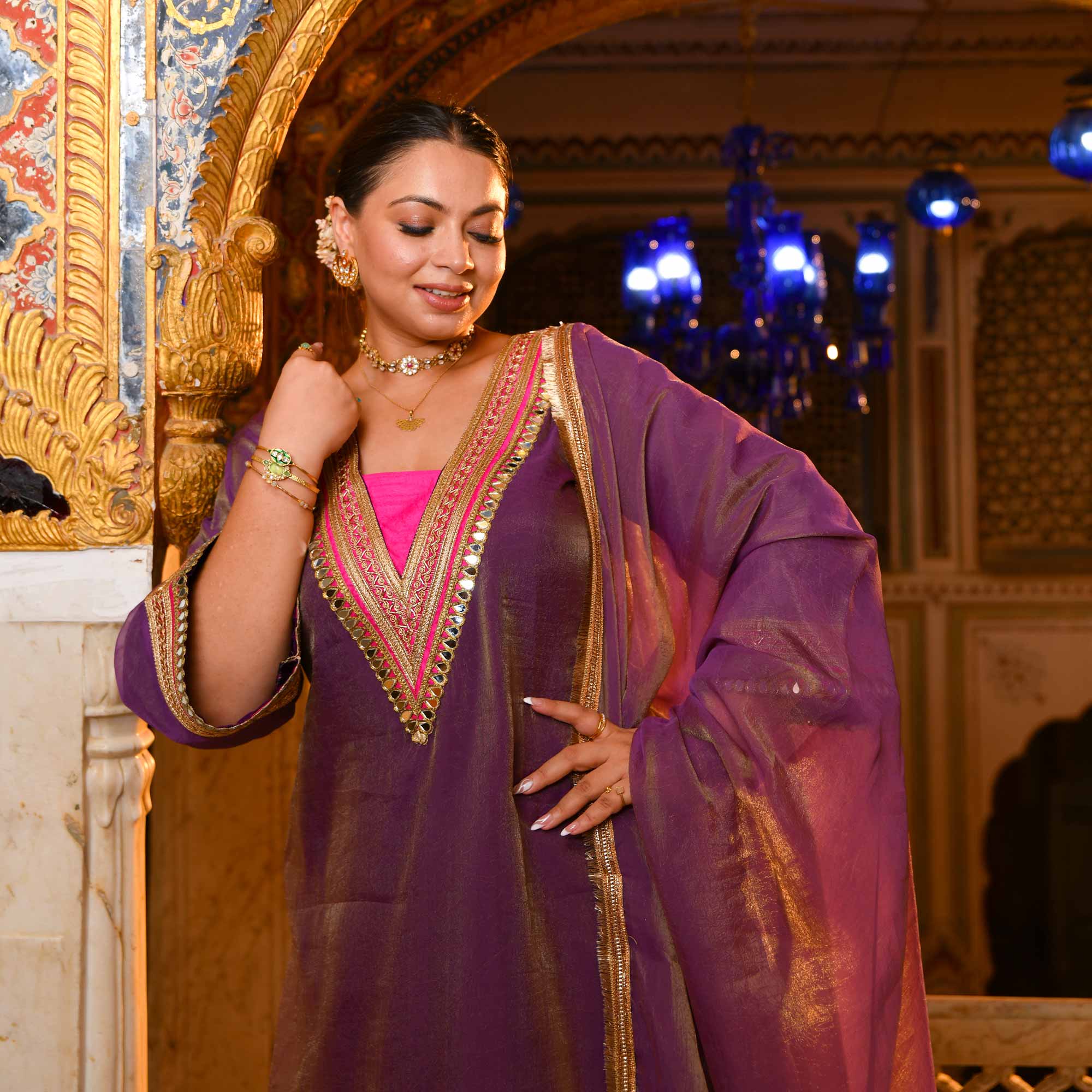 Royal Jugni -Violet Tissue Silk Mirror Embroidered Suit Set