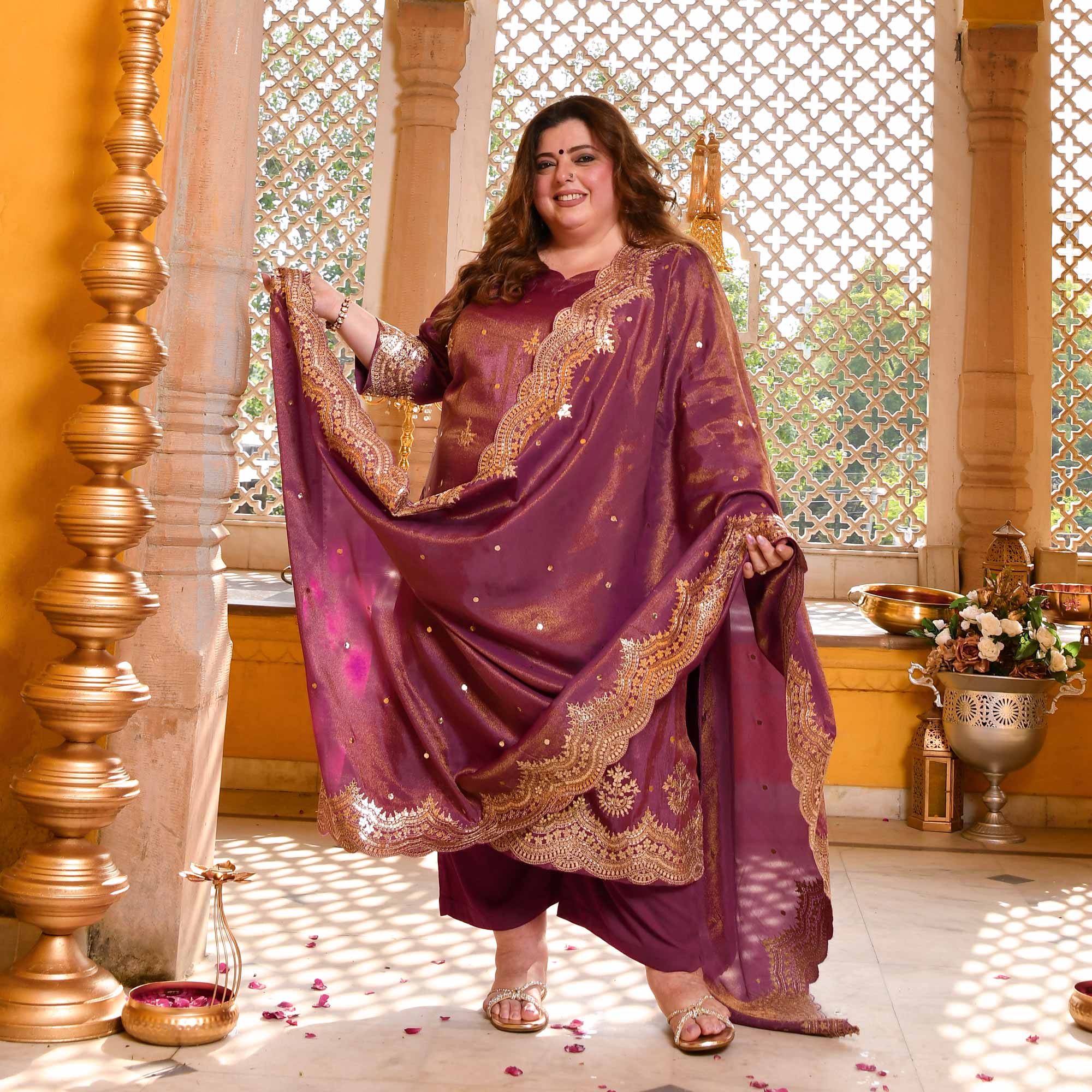 Berry Divine-Purple Pure Tissue Silk Embroidered Suit Set