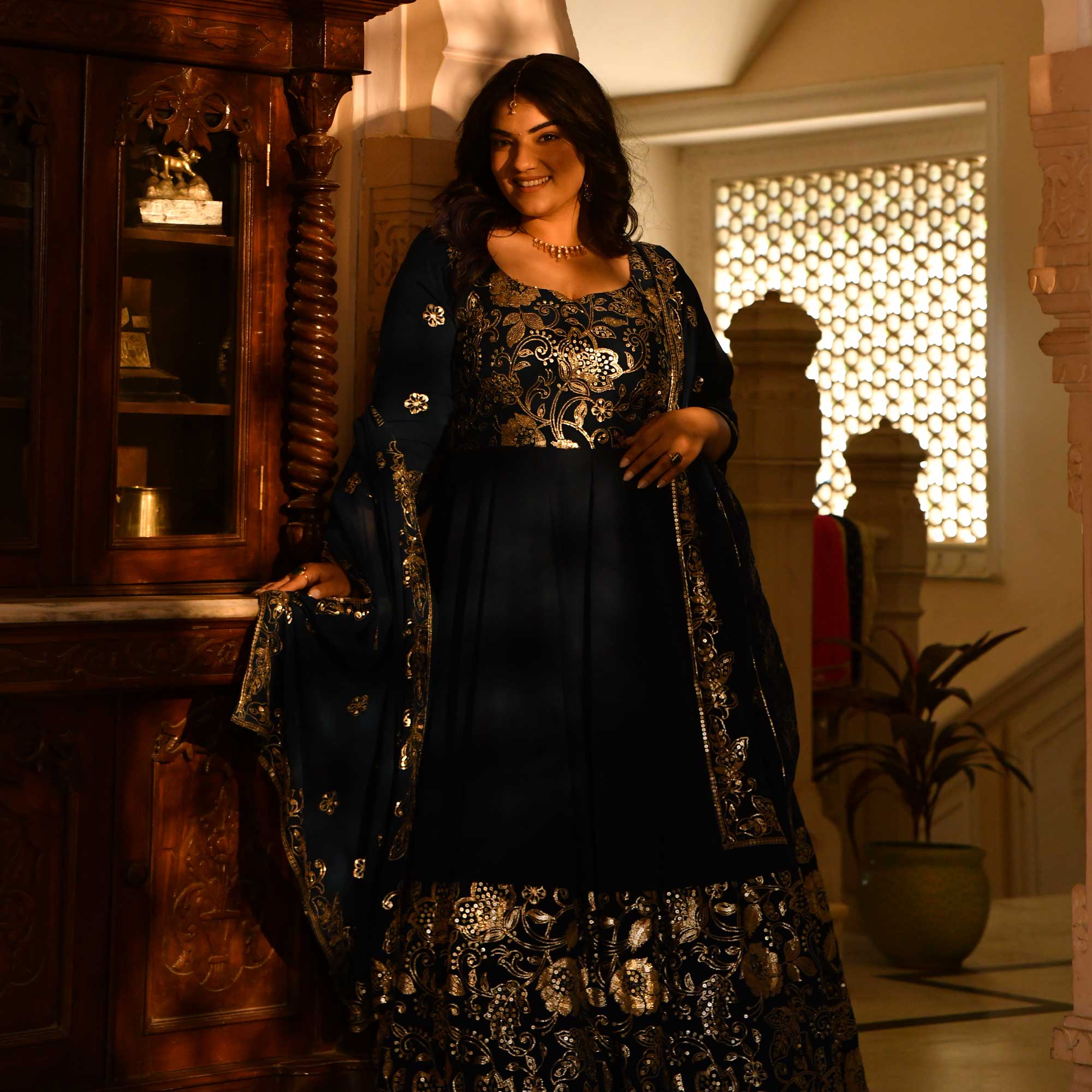 Jahnvi - Deep Prussian Blue Sequin Embroidered Georgette Anarkali Set