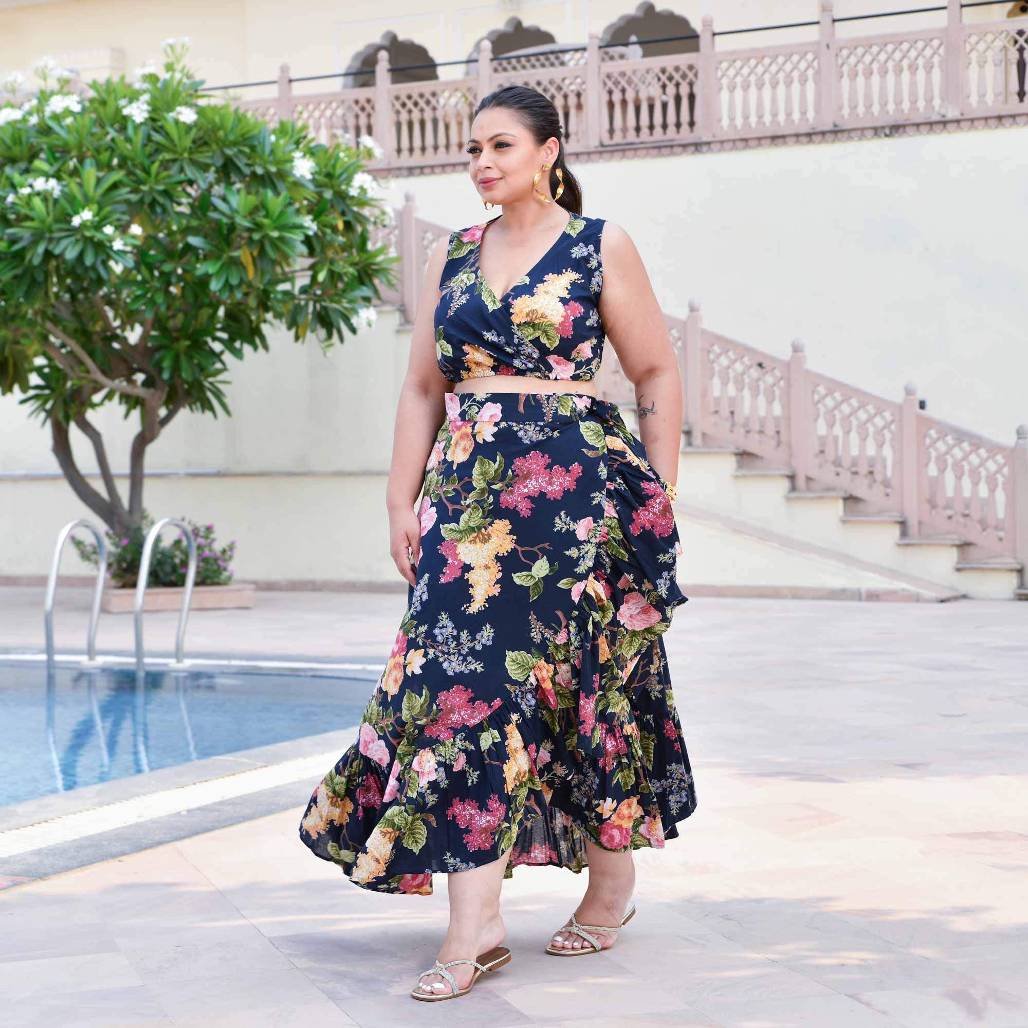 Evening Rose Cotton Wrap Skirt Top Set (Blue)