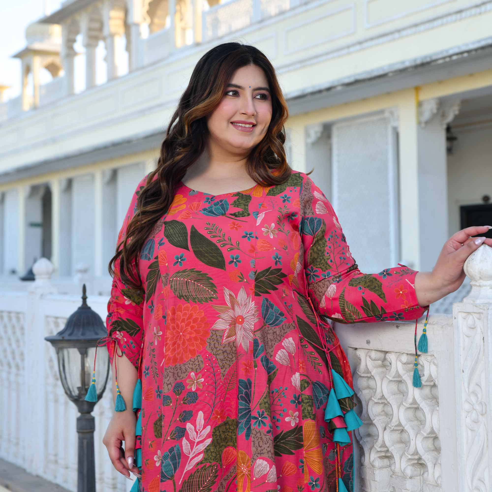 Zinnia- Raspberry Pink Floral Modal Viscose Blend Aline Slit Kurta Pant Set Zinnia- Raspberry Pink Floral Modal Viscose Blend Aline Slit Kurta Pant Set