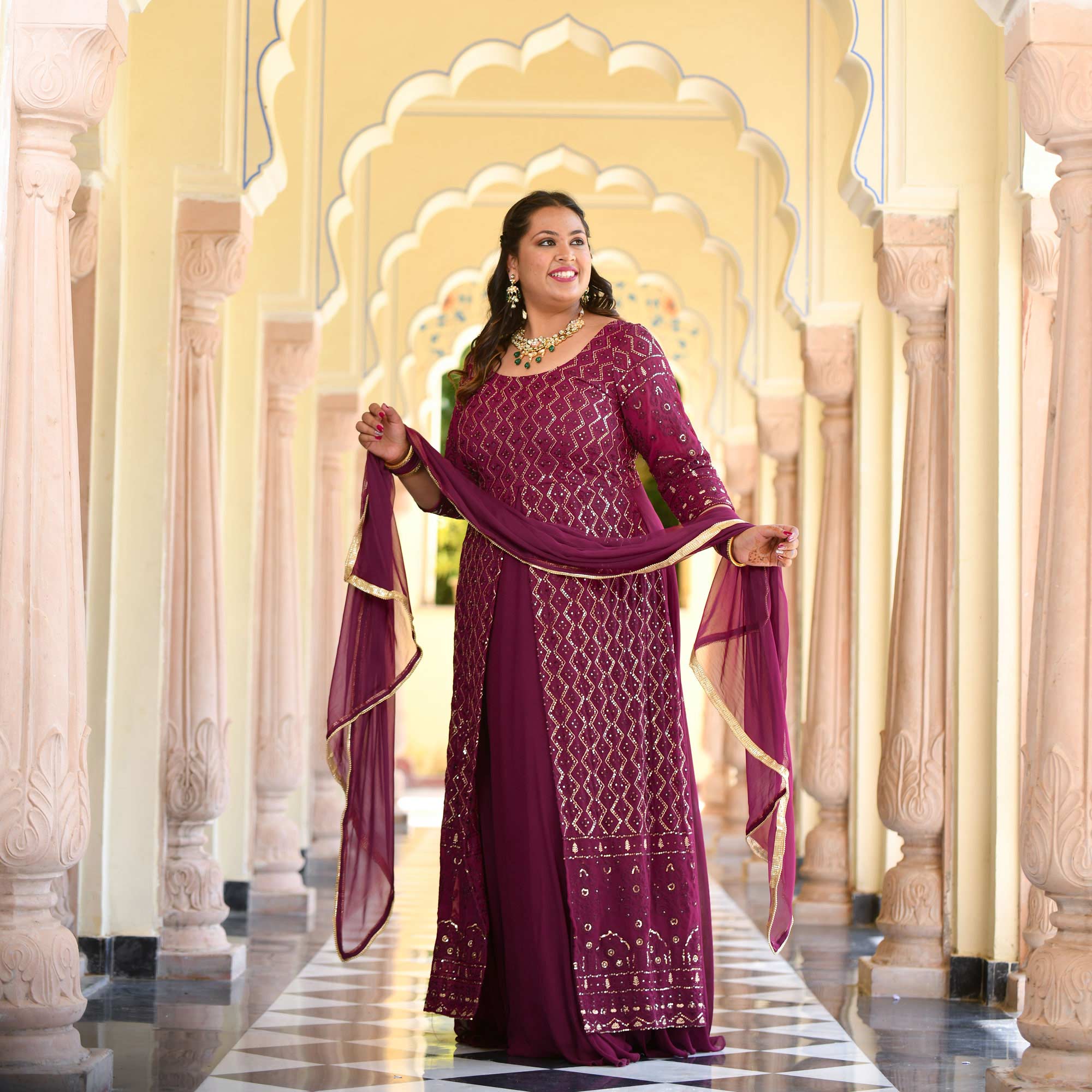 Wine Thread Embroidered Georgette Anarkali Dress Wine Thread Embroidered Georgette Anarkali Dress