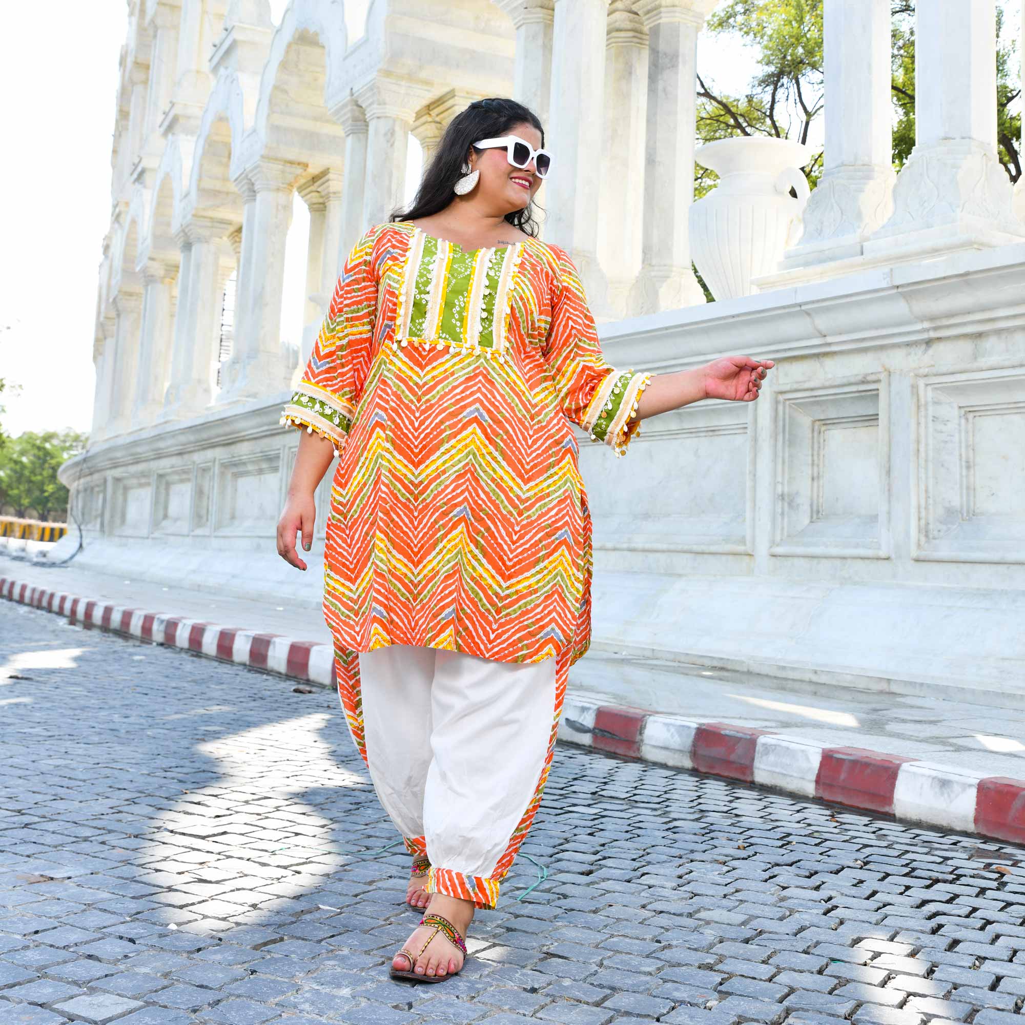 Tangy Splash - Orange Leheriya Cotton Bohemian Set