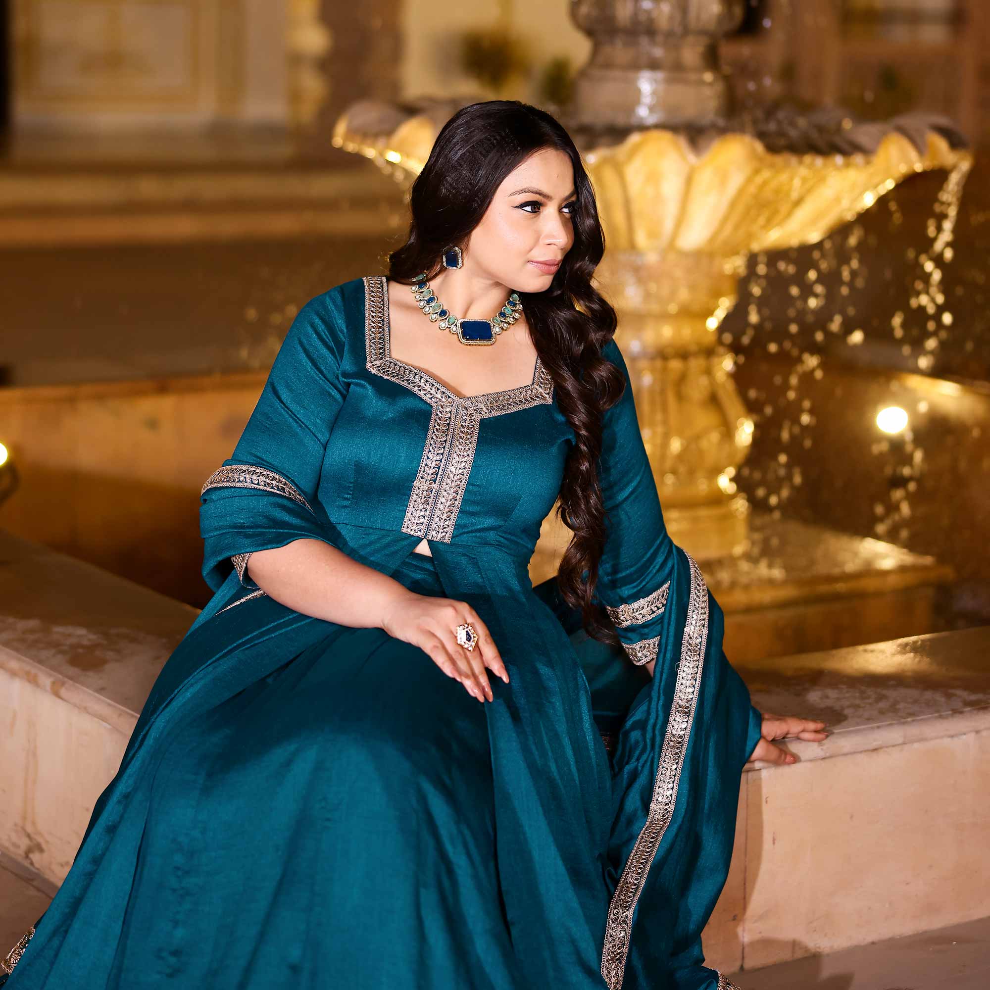 Kingfisher Blue Slit Anarkali Lehenga Set Kingfisher Blue Slit Anarkali Lehenga Set