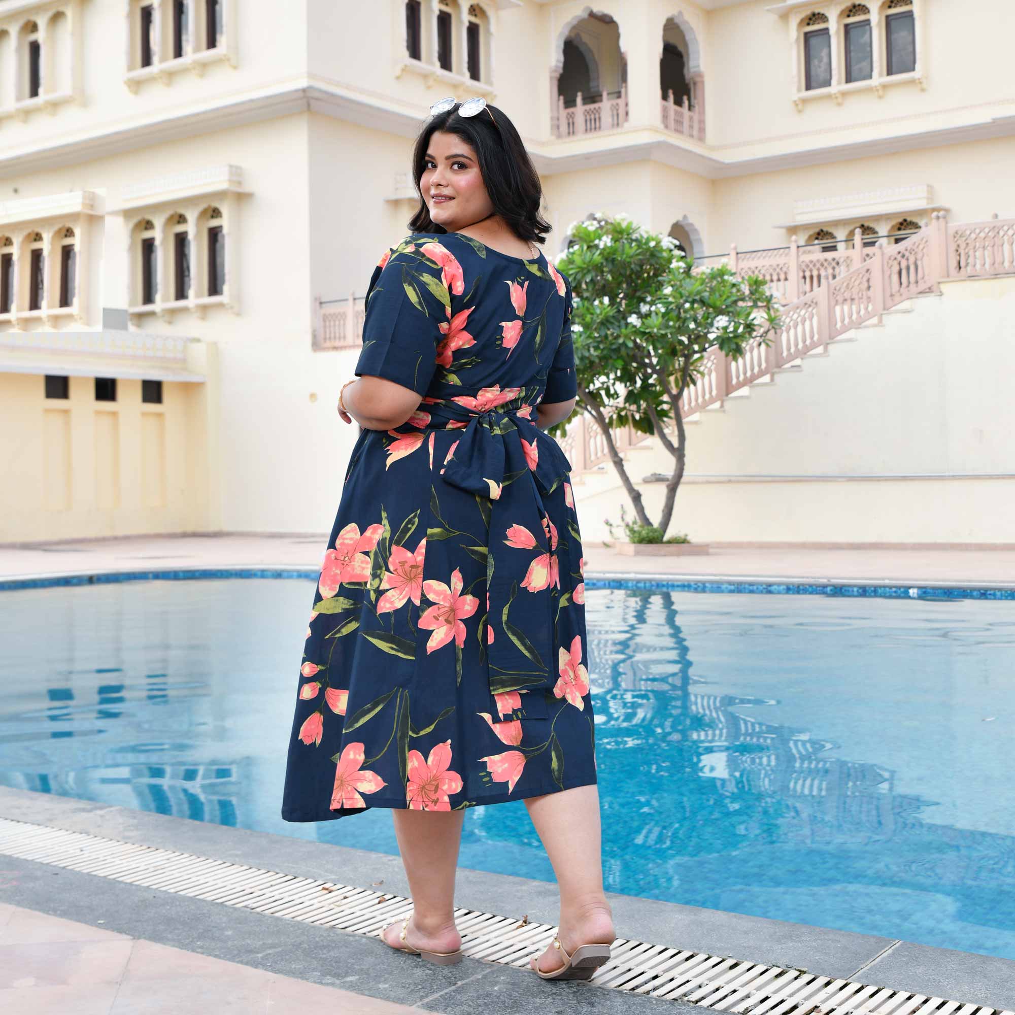 Navy And Peach Petal Delight Cotton Wrap Dress Navy And Peach Petal Delight Cotton Wrap Dress