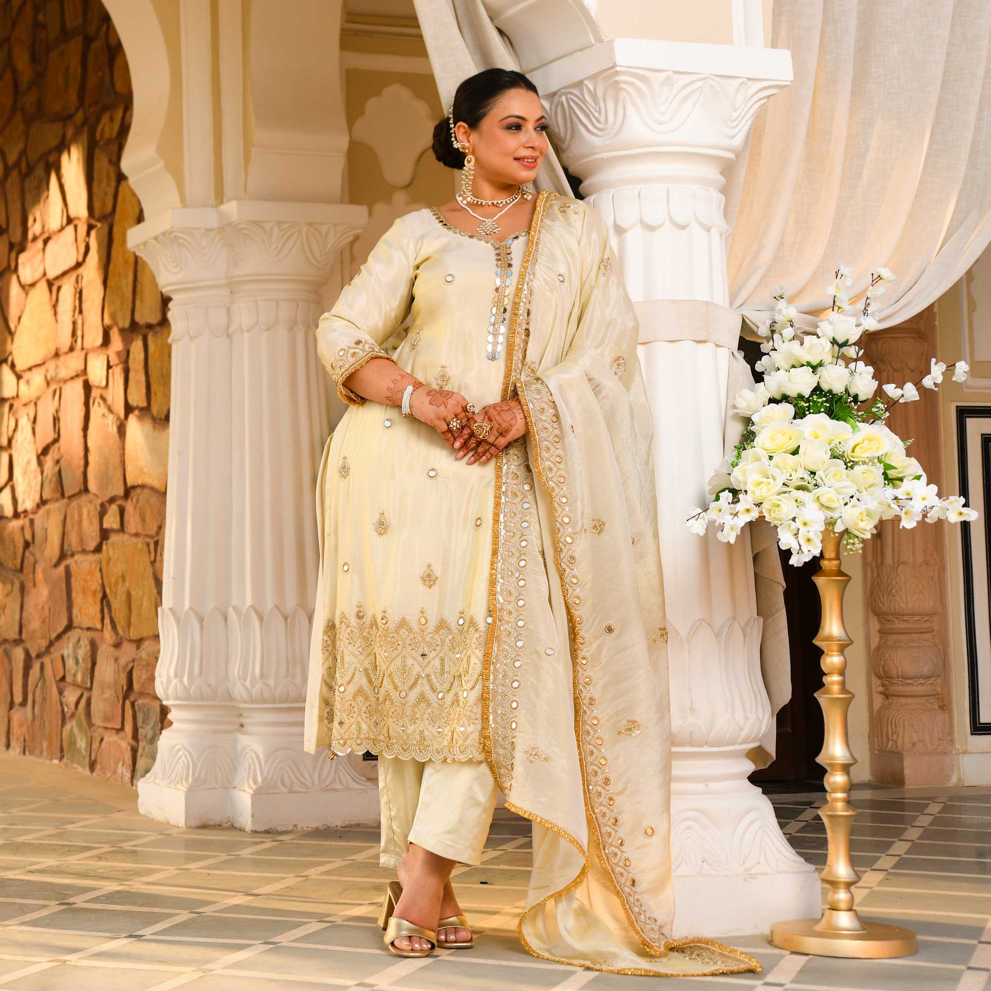 AAINA - Ivory & Gold Mirror & Cutdana Embroidered Pure Tissue Silk Suit Set