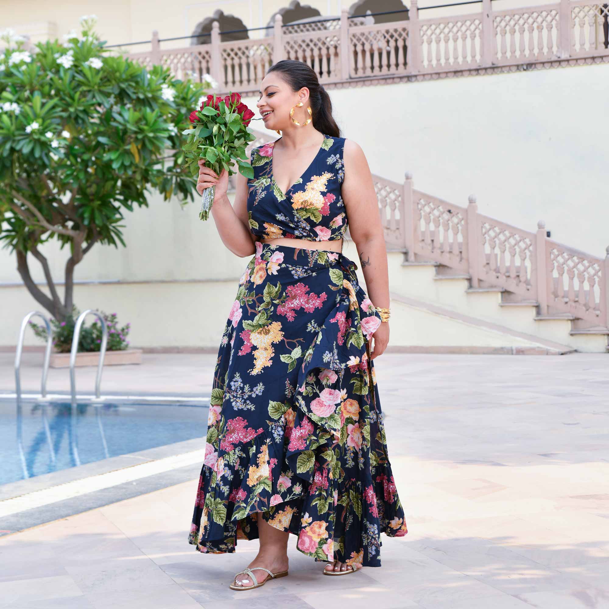 Evening Rose Cotton Wrap Skirt Top Set (Blue)
